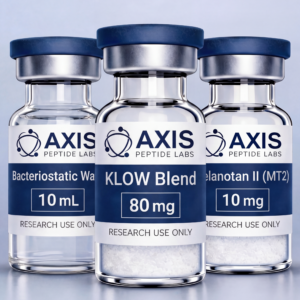 KLOW Blend 80mg, Bacteriostatic Water 10mL, and Melanotan II 10mg vials — Axis Peptide Labs Research Set