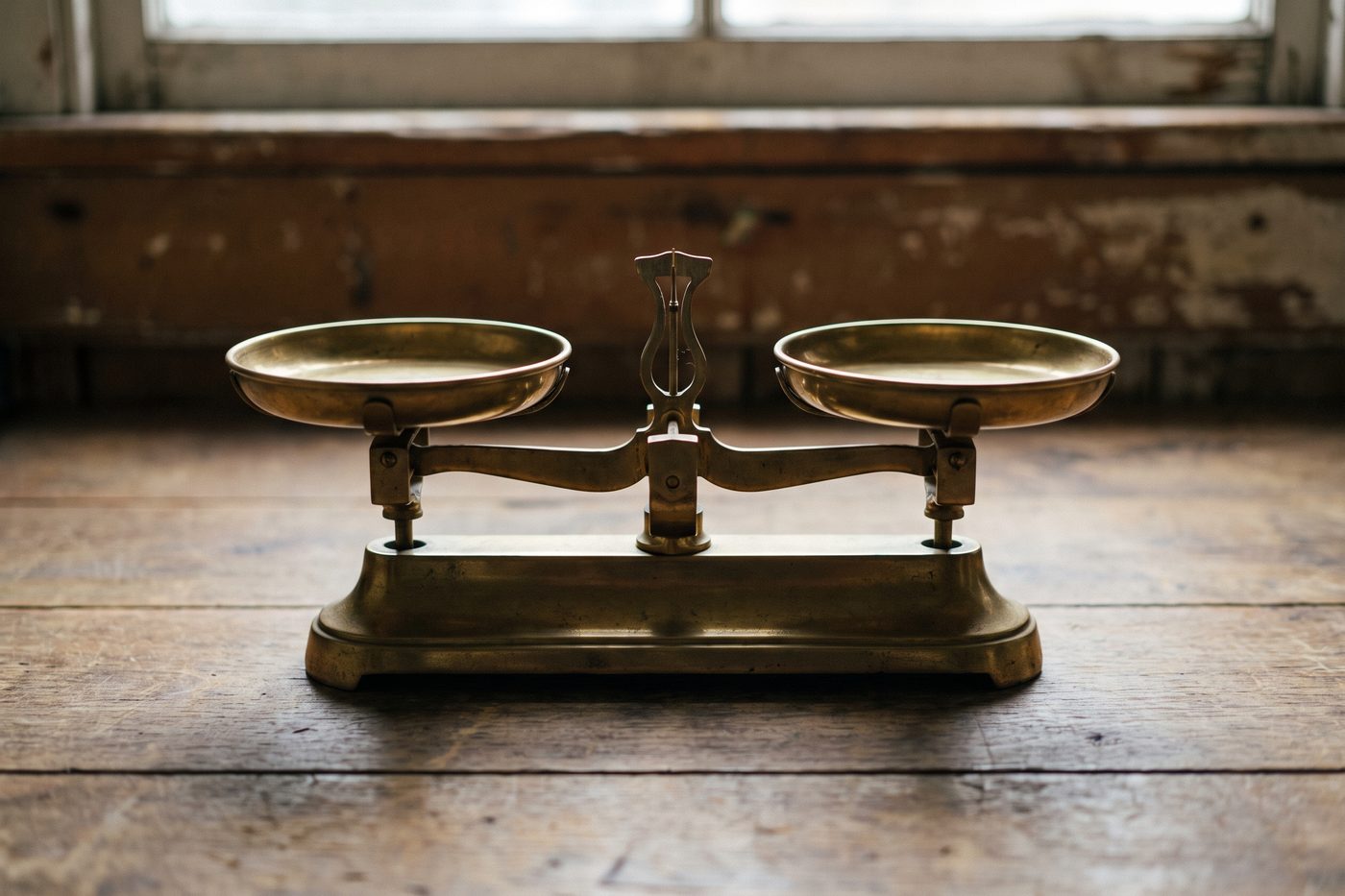 A brass balance scale in perfect equilibrium on a matte navy desk, cool directional light, deep shadow beneath