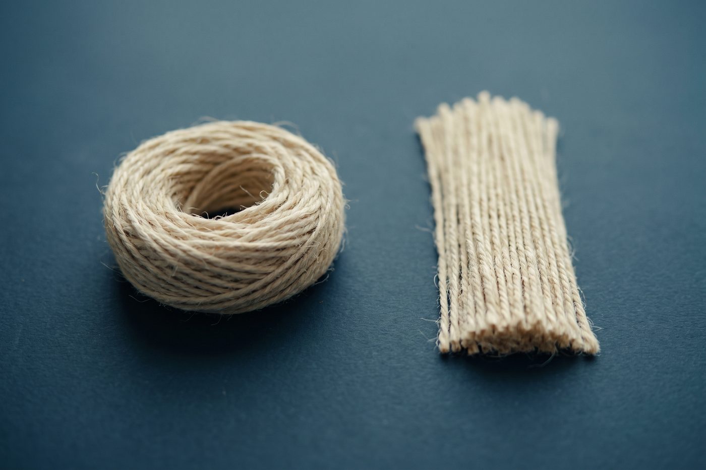 Two natural fibre bundles side by side on navy slate, one tightly coiled and one perfectly straight, cool symmetrical light