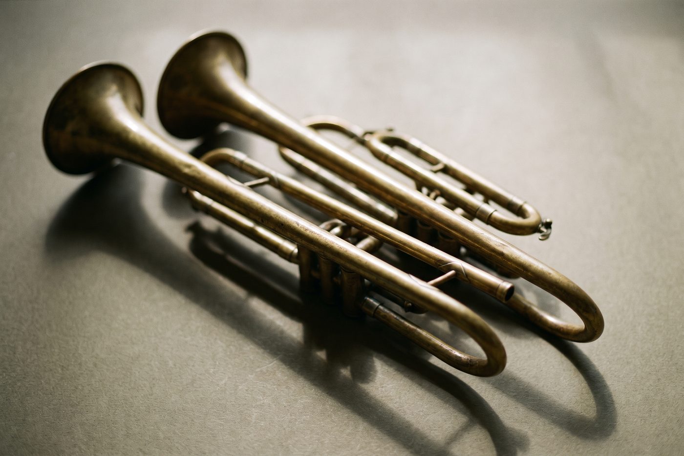 Two brass instruments laid in parallel on navy slate, their long shadows converging
