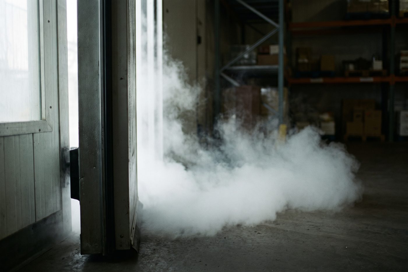 An open cold storage door seen edge on, dense white vapour spilling across a navy floor, cool teal interior light