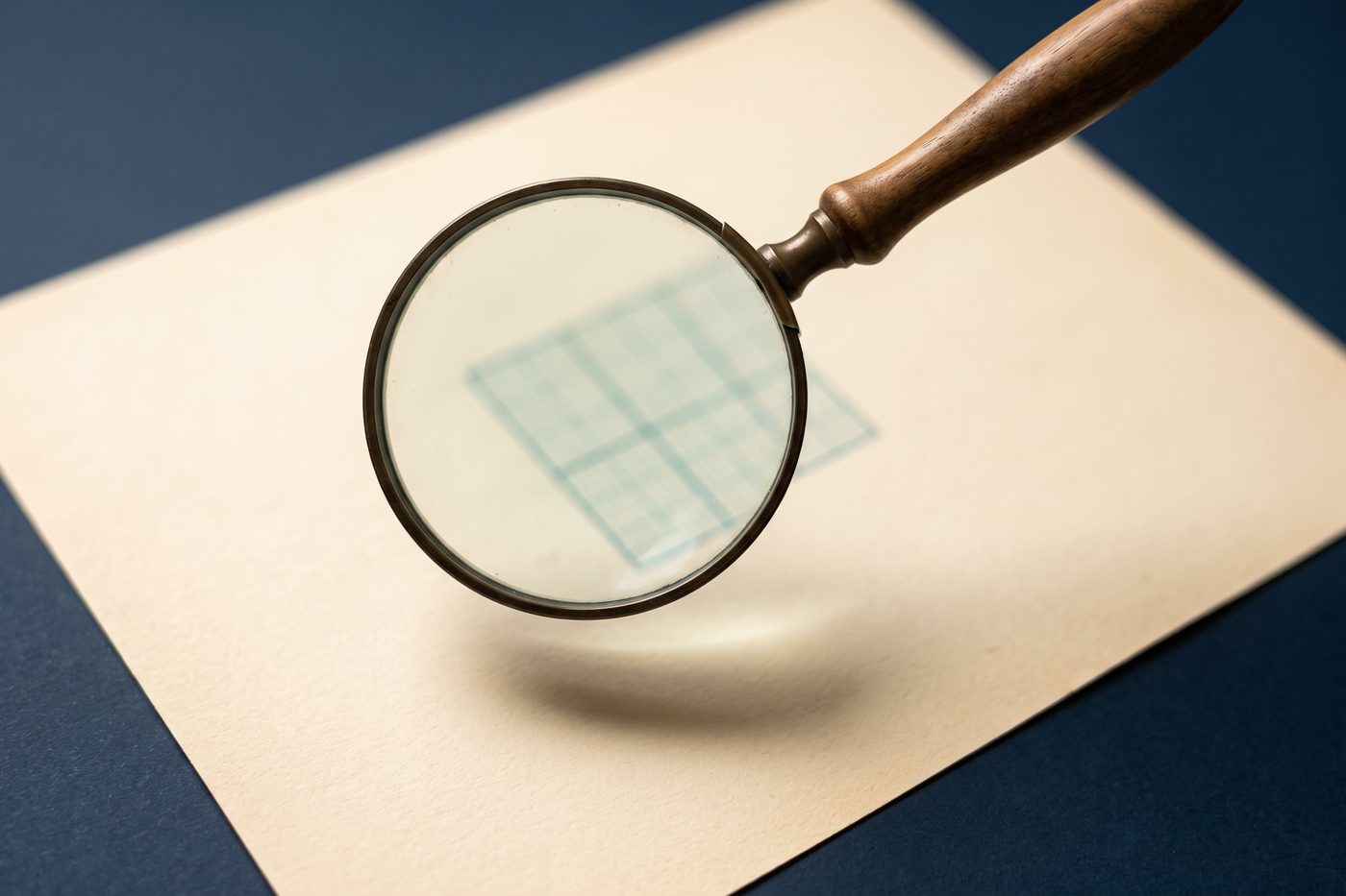 A magnifying lens held above a blank cream sheet on navy, the lens circle sharp, a faint teal gridline visible through the glass