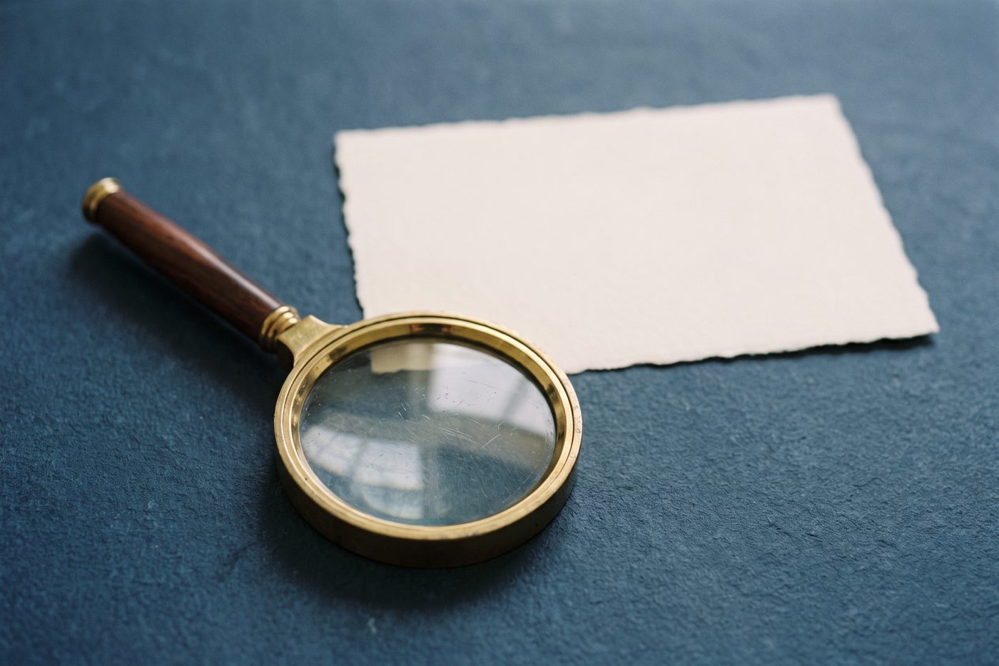 A brass magnifying glass resting face down on matte navy stone beside a blank cream card, cool side light