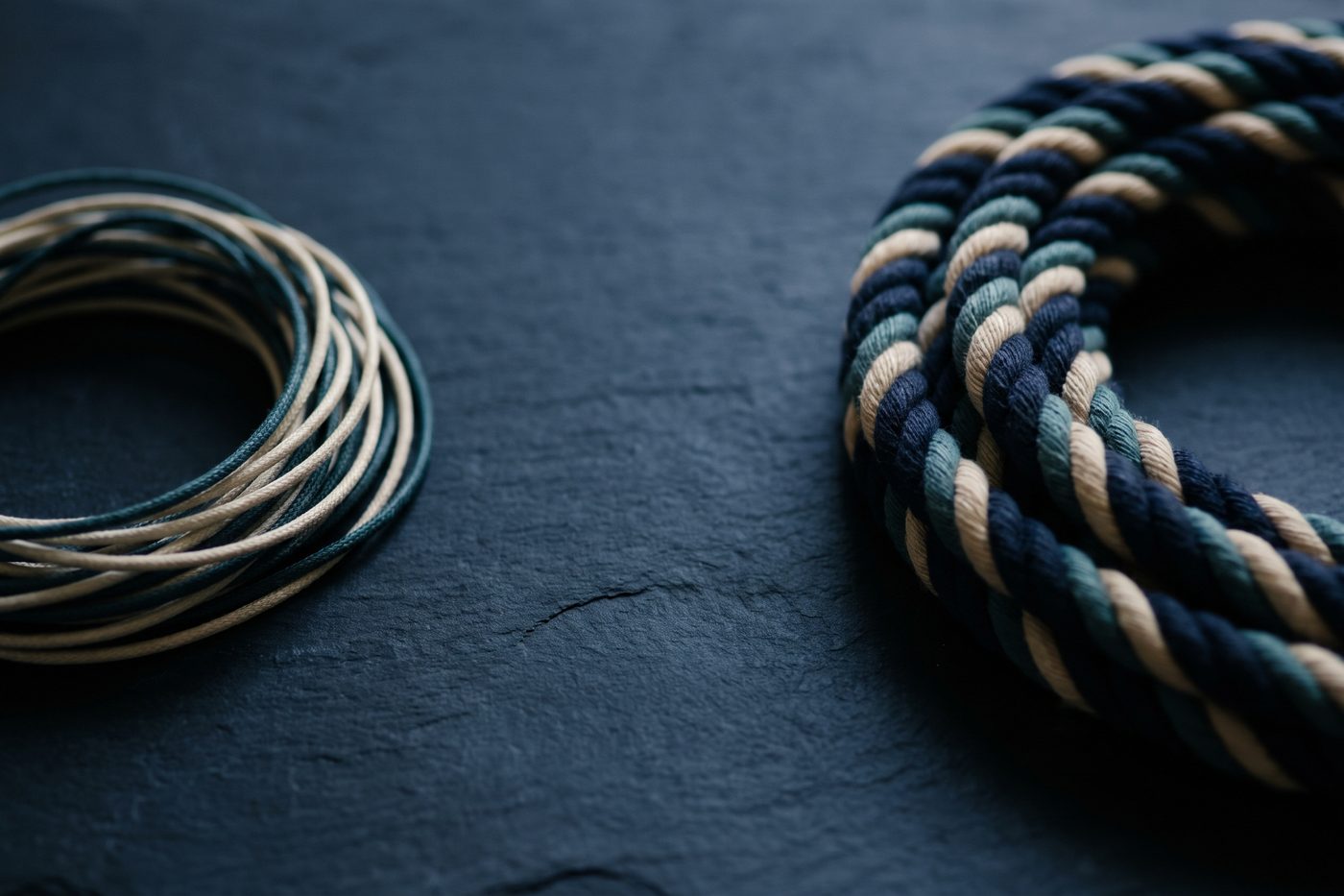 Two coiled cords side by side on matte navy slate: a short fine thread and a thick long braided coil