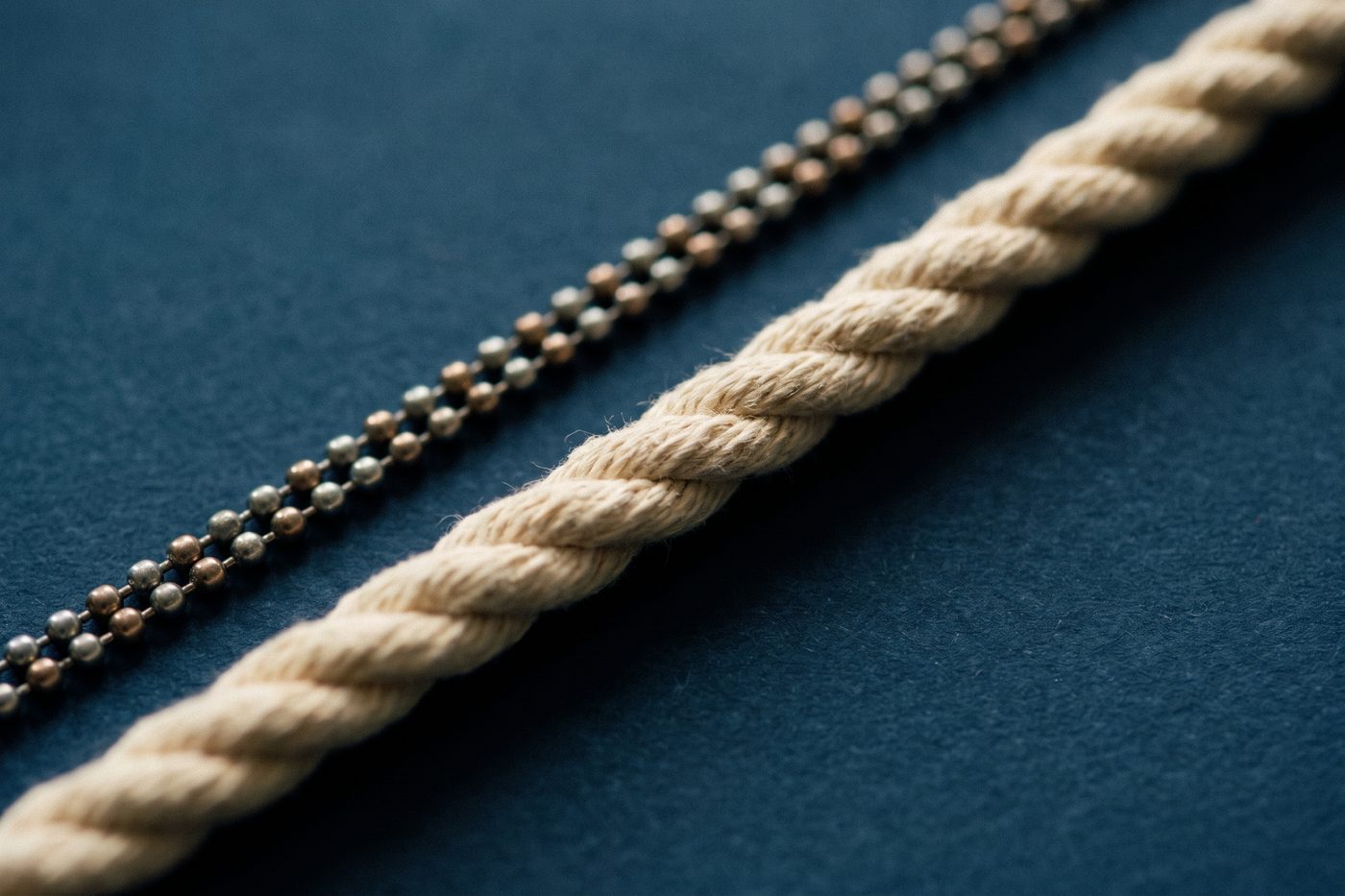 A fine bead chain beside a dense braided rope of natural fibre on matte navy, extreme macro