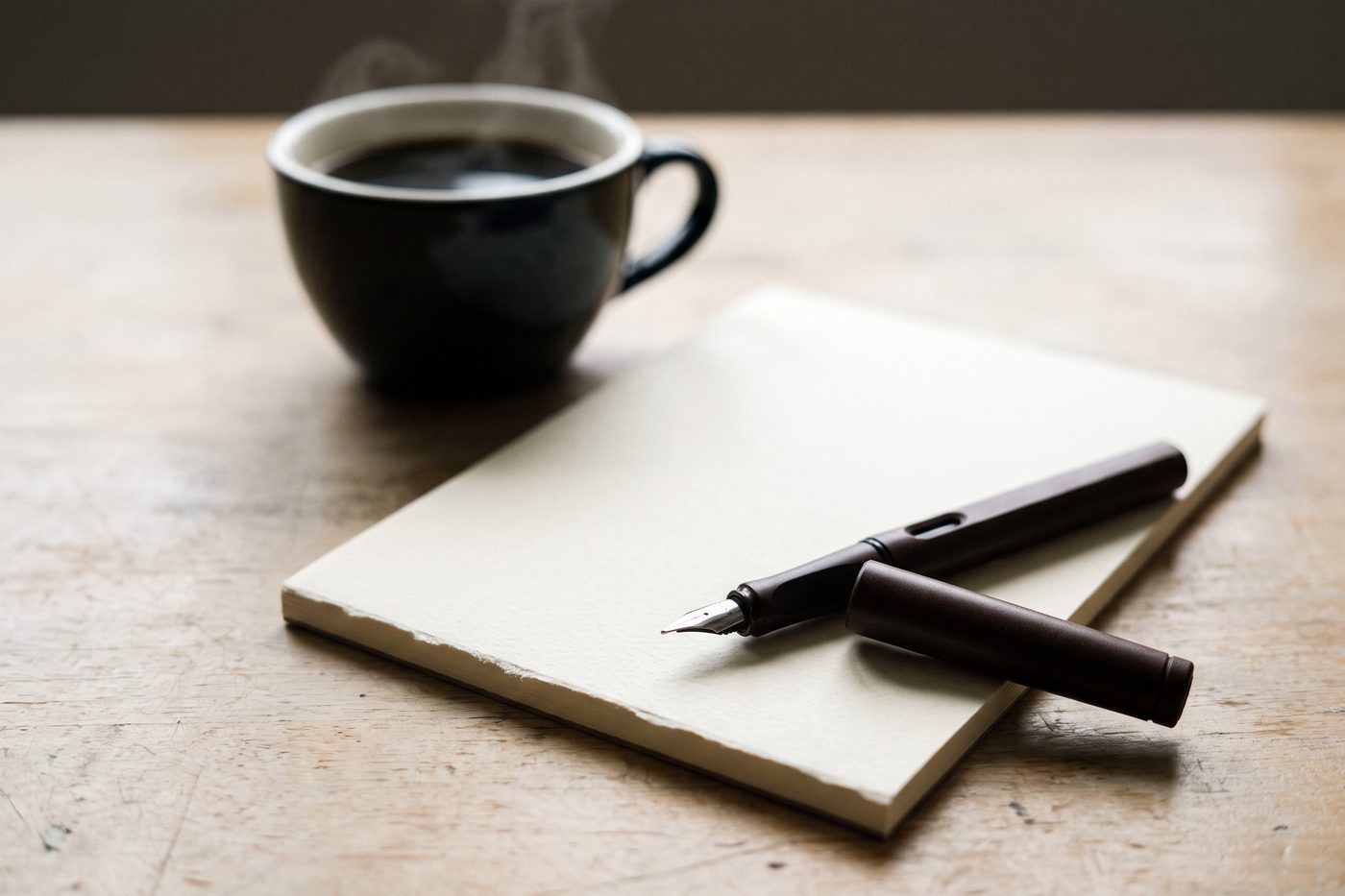 A blank cream notepad and a capped pen on a matte navy desk beside a cooling cup of black coffee, cool overhead light