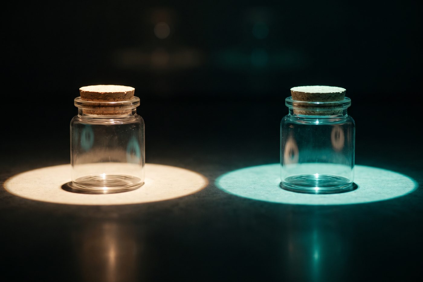 Two identical sealed glass containers side by side on navy slate, one under a warm cream pool of light, one under cool teal