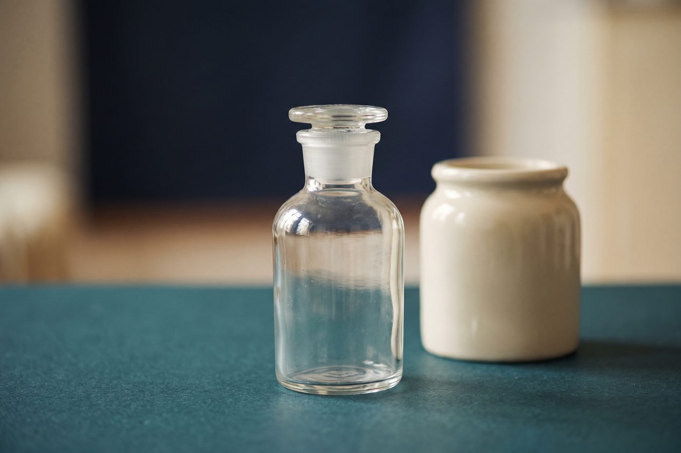 A sealed glass laboratory vessel beside a plain cream ceramic jar on navy slate, both completely unlabelled