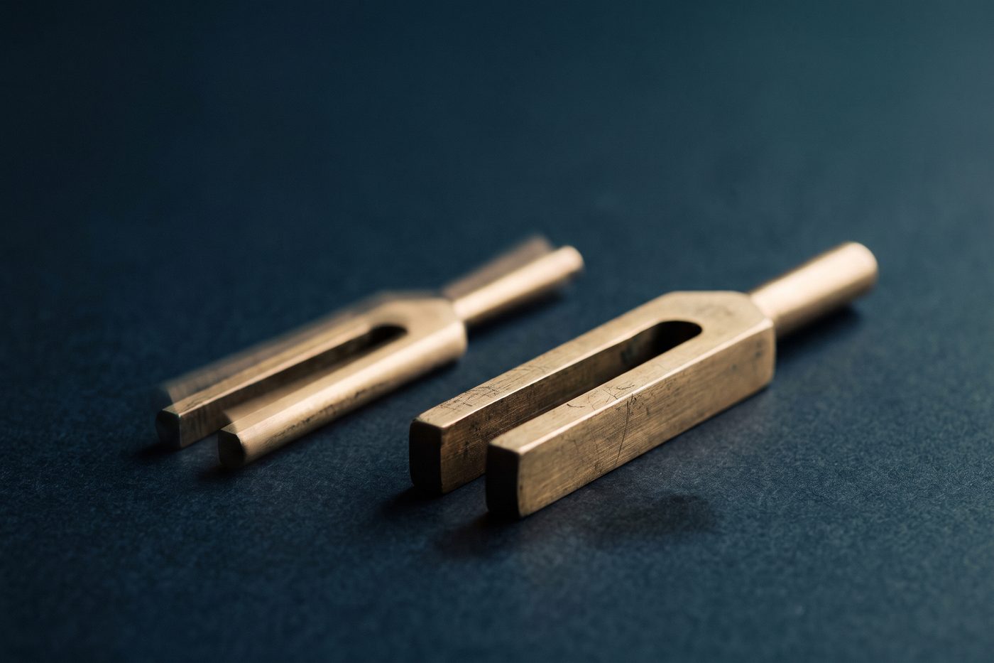 Two brass tuning forks of clearly different mass side by side on navy, one blurred with vibration, one perfectly still
