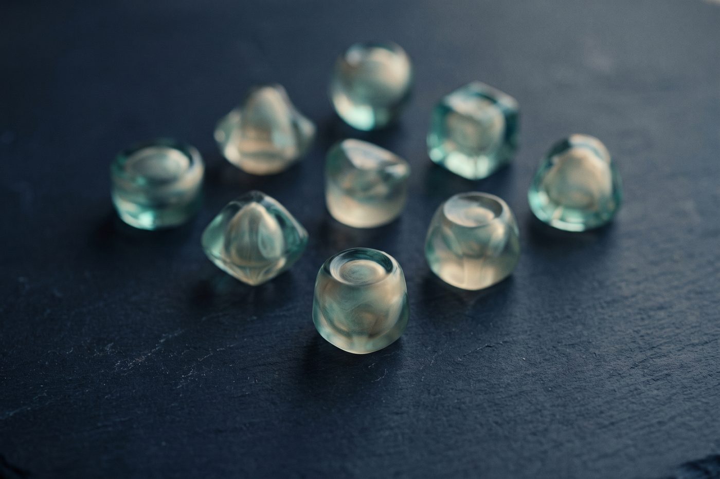 Nine small sculptural glass forms of different shapes arranged in a grid on navy slate