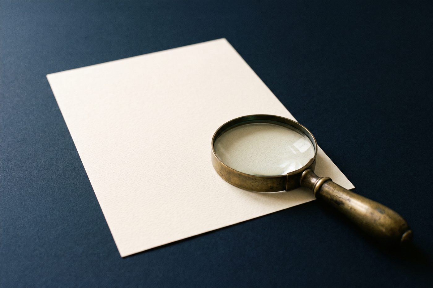 A blank cream sheet of paper lying on navy slate beneath a brass magnifying lens, the lens in sharp focus
