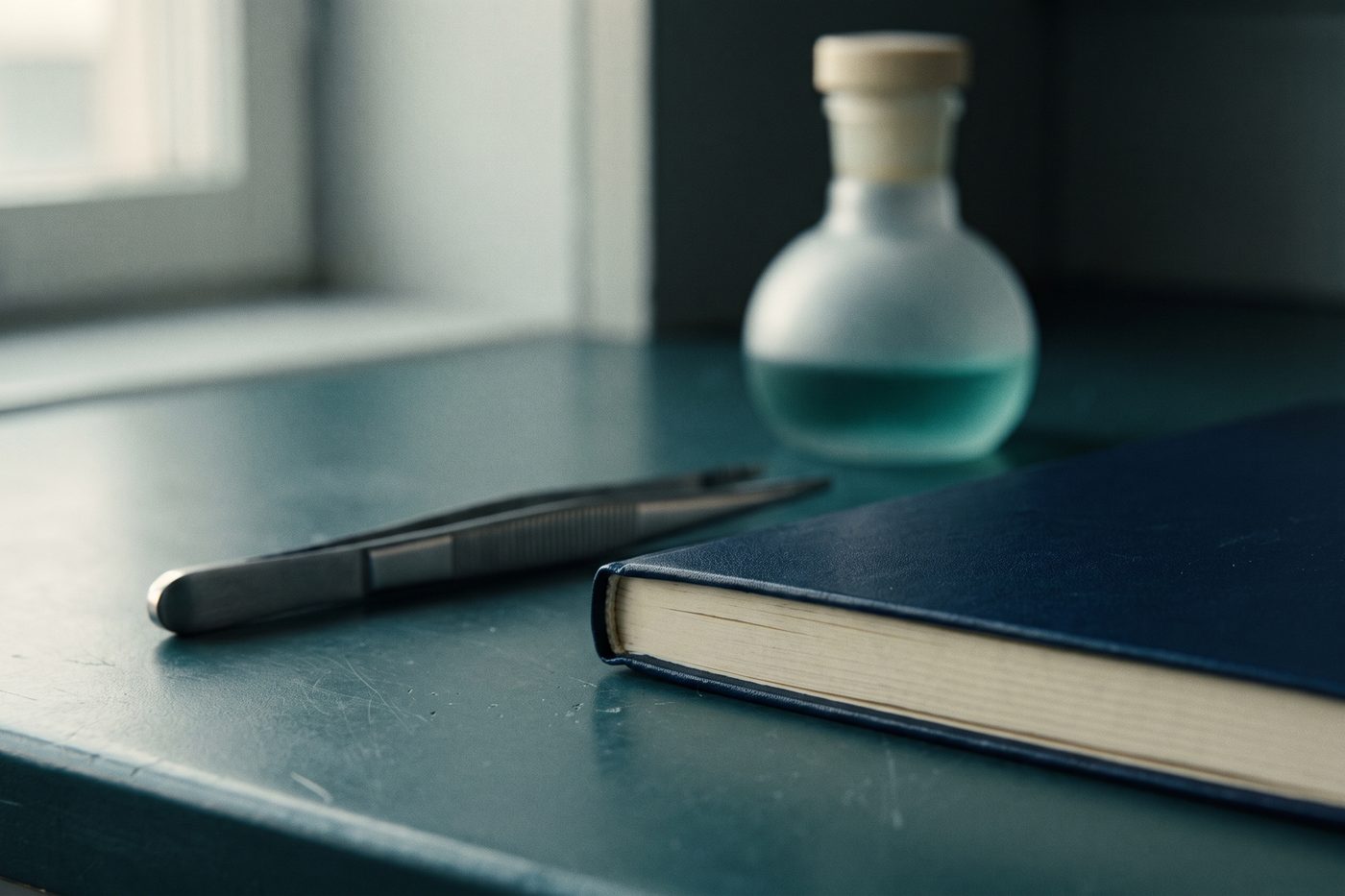 A clean laboratory bench corner: a closed notebook, steel tweezers and a frosted glass vessel, cool window light, navy and cream