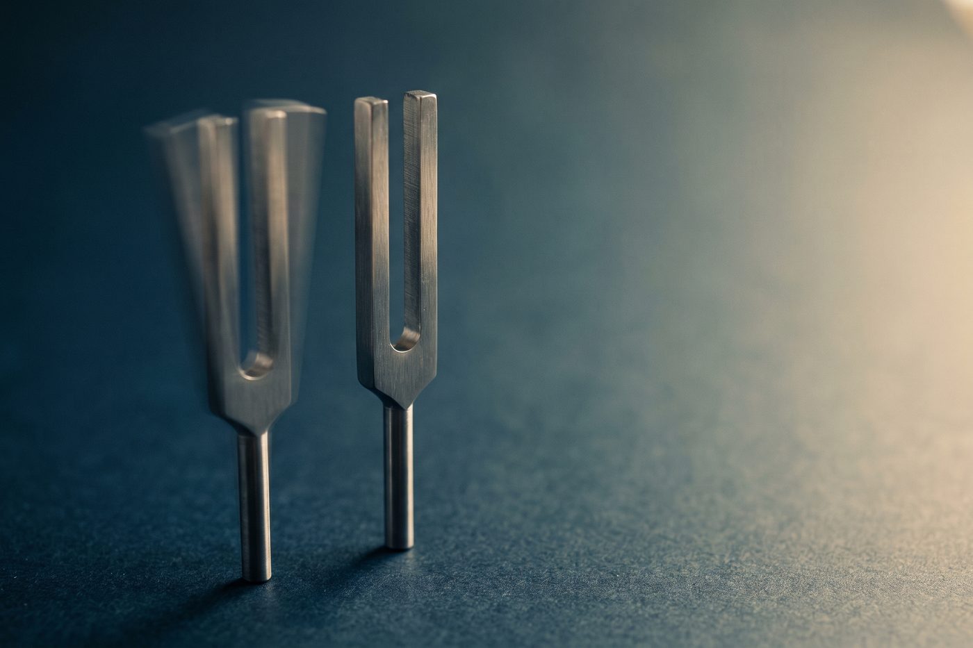 Two brushed steel tuning forks standing on matte navy, one struck and blurred with vibration