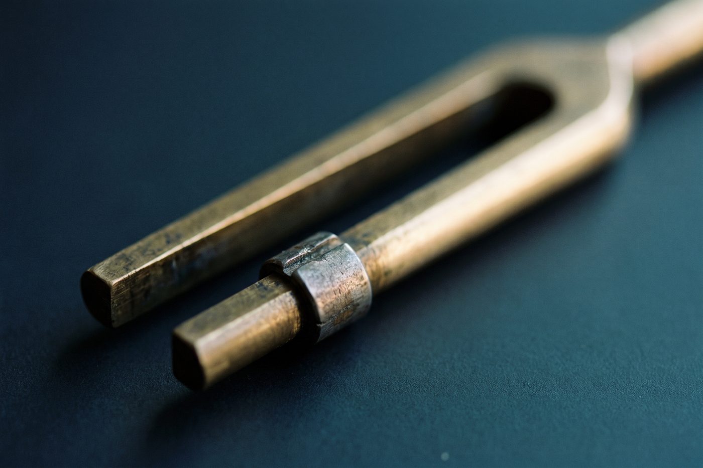 A brass tuning fork with a small weight clamped to one tine, extreme macro, navy