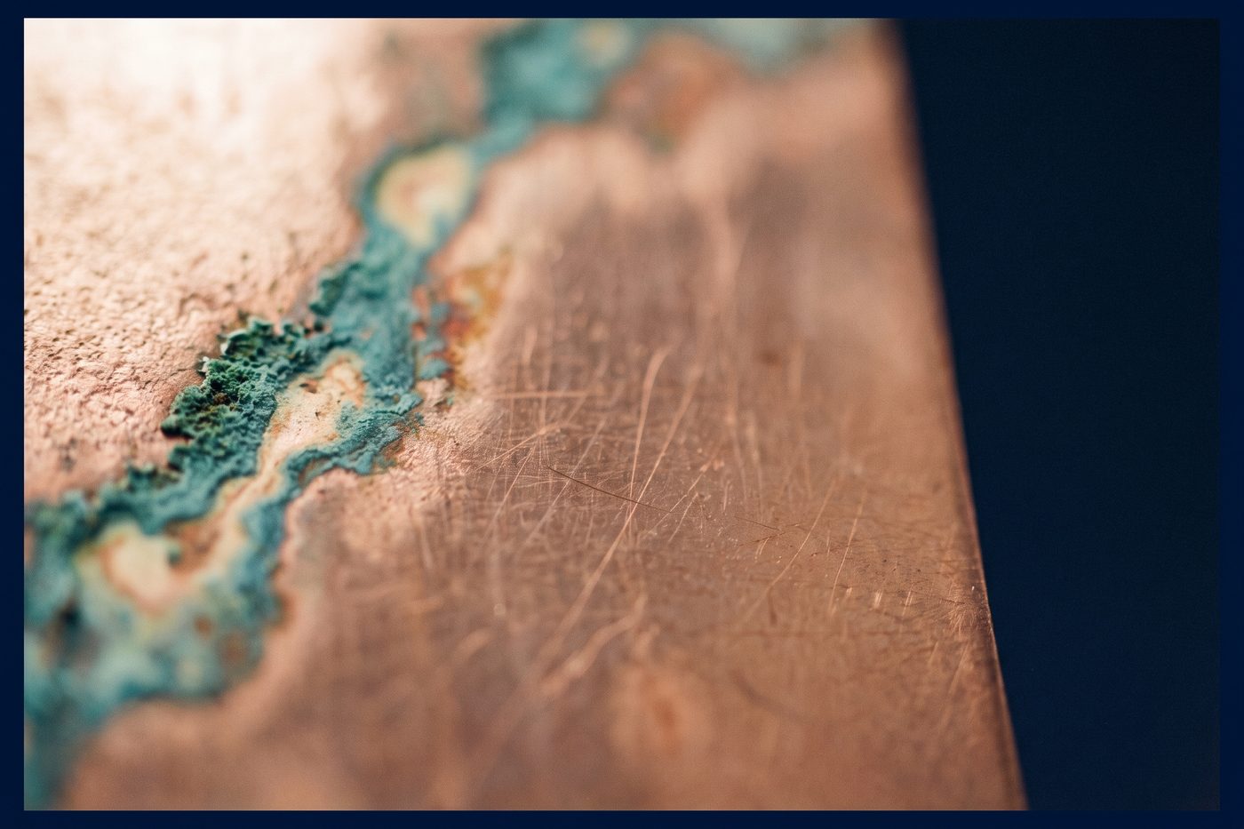 A polished copper plate with a teal patina creeping across its surface, raking light, navy surround