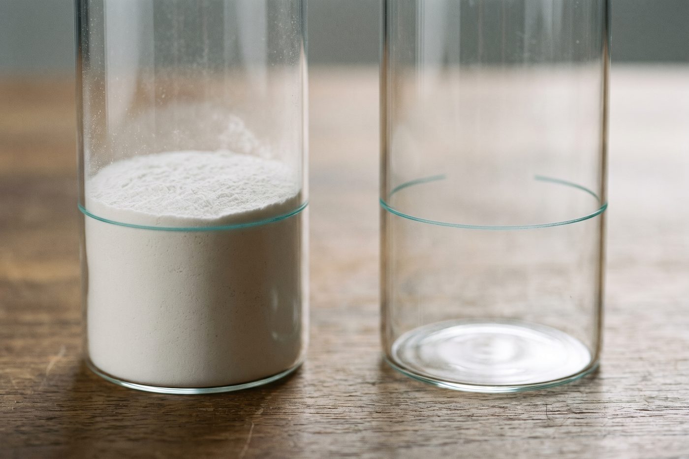 A clear glass cylinder partly filled with fine white powder beside an identical empty cylinder