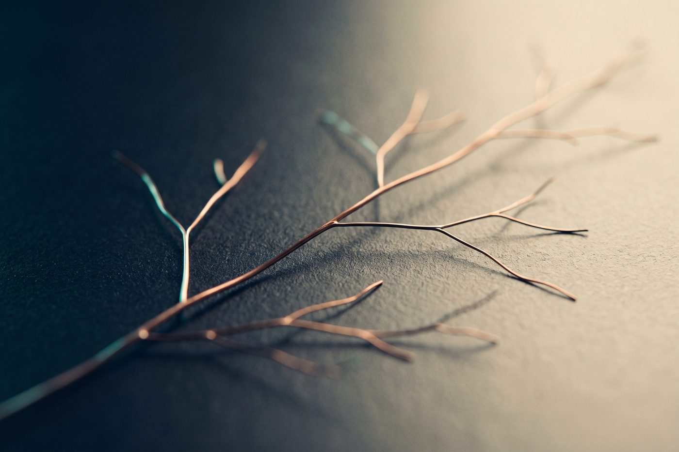 A fine copper filament branching like a nerve across matte navy stone, teal rim light