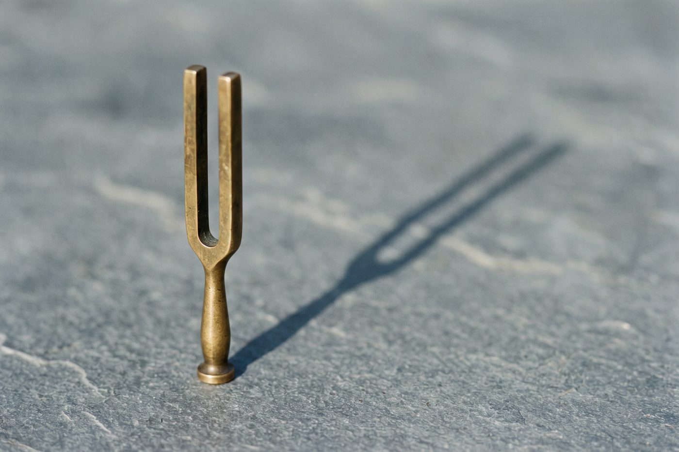 A single brass tuning fork standing upright on navy slate, long shadow, warm cream rim light