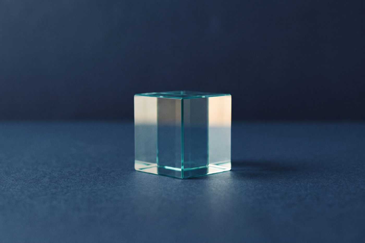 A single flawless cube of clear optical glass on matte navy, edges catching teal, perfect symmetry, strong negative space