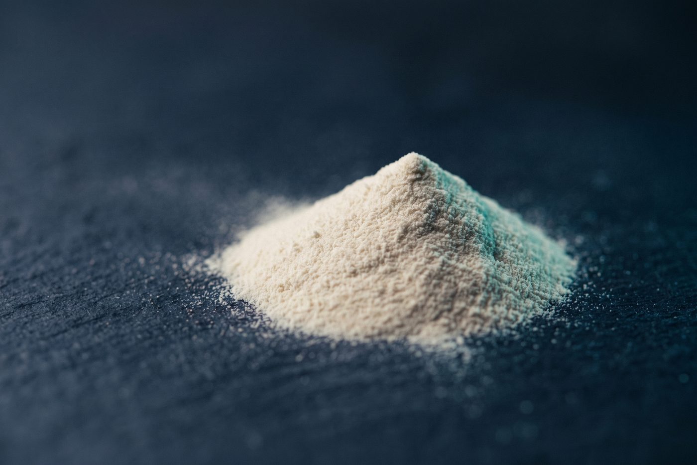 A small conical heap of ultrafine white powder on matte navy stone, one edge catching teal light