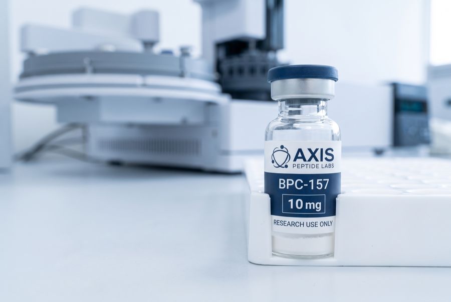 An Axis Peptide Labs research vial in a rack in front of an HPLC instrument