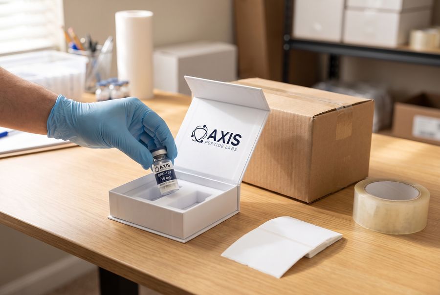 A gloved hand placing an Axis Peptide Labs vial into the foam insert of a white Axis box on a packing bench
